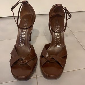 Size 7.5, Chocolate Ankle Strap Platform Heels